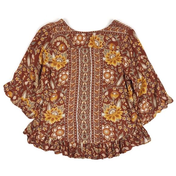 CYNTHIA ROWLEY Ruffled Sunflower Floral Print Blouse Brown Boho Womens Medium - Picture 5 of 6